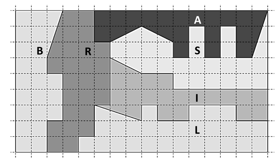 Malha retangular quadriculada dividida em seis regiões identificadas pelas letras B, R, A, S, I e L, em tons de cinza diferentes, com contornos formados por segmentos da malha e algumas diagonais.