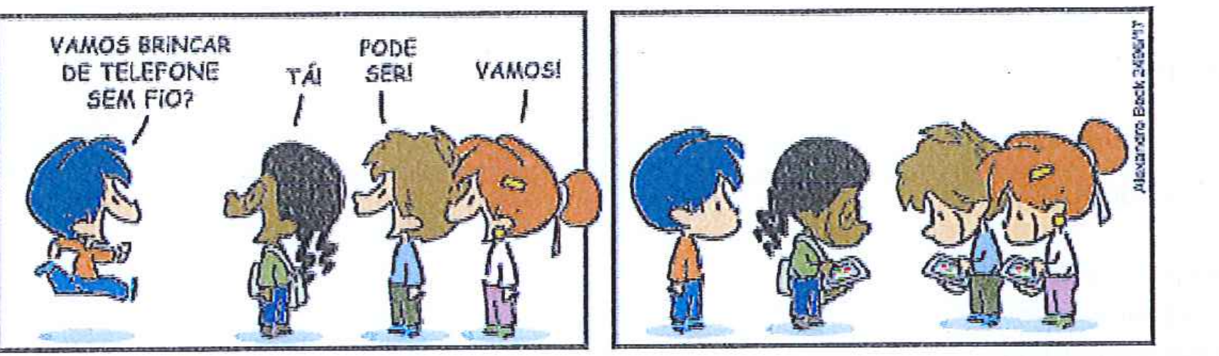 Tirinha de Armandinho em dois quadros. No primeiro, um menino de cabelo azul chega correndo e pergunta: “Vamos brincar de telefone sem fio?”; três amigos respondem: “Tá!”, “Pode ser!” e “Vamos!”. No segundo quadro, os três amigos aparecem olhando cada um para o seu aparelho eletrônico portátil, enquanto o menino de cabelo azul observa. Assinatura: Alexandre Beck 24/06/17.