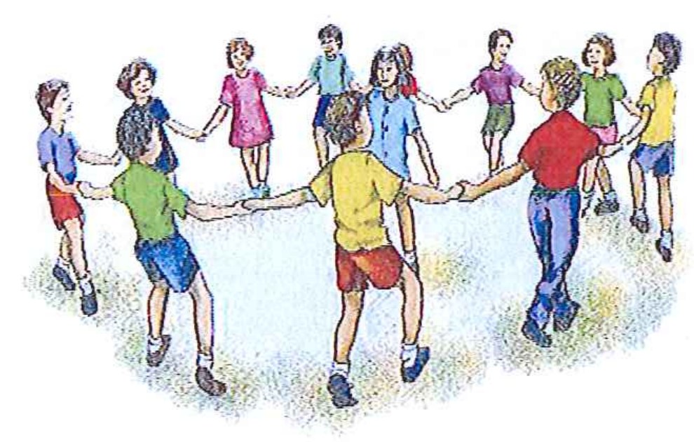 Ilustração de um grupo de crianças de mãos dadas formando uma grande roda.