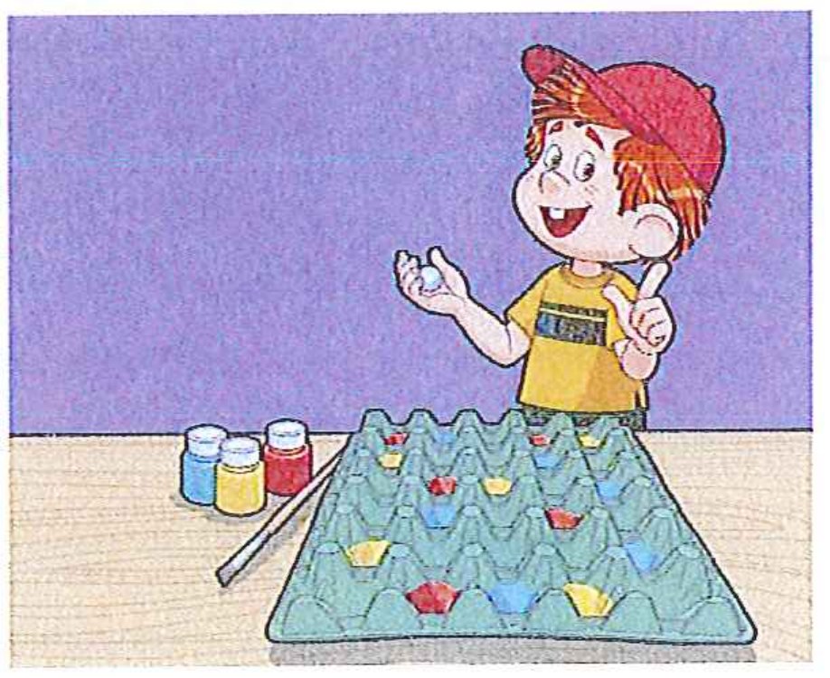 Ilustração de um menino de boné vermelho segurando uma bolinha diante de uma bandeja de ovos com algumas casas pintadas de vermelho, amarelo e azul; ao lado, três potes de tinta e um pincel.