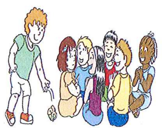 Ilustração: um menino em pé deixa cair um pequeno objeto atrás de um grupo de crianças sentadas em roda, que conversam entre si.