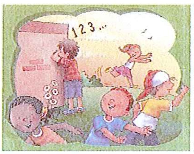 Ilustração: uma criança conta de olhos fechados, encostada em um muro onde se lê “1 2 3...”, enquanto outras crianças correm para se esconder.