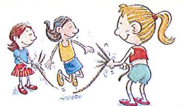 Ilustração: duas meninas batem uma corda enquanto outra menina pula corda.