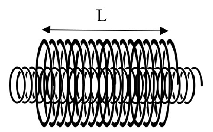 Solenoide longo e fino passando por dentro de um solenoide externo mais largo, de comprimento L indicado por uma seta dupla.