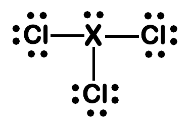 Estrutura de Lewis: átomo central X ligado por ligações simples a três átomos de Cl (à esquerda, à direita e abaixo), cada Cl com três pares de elétrons não ligantes; o átomo X não apresenta pares de elétrons não ligantes.