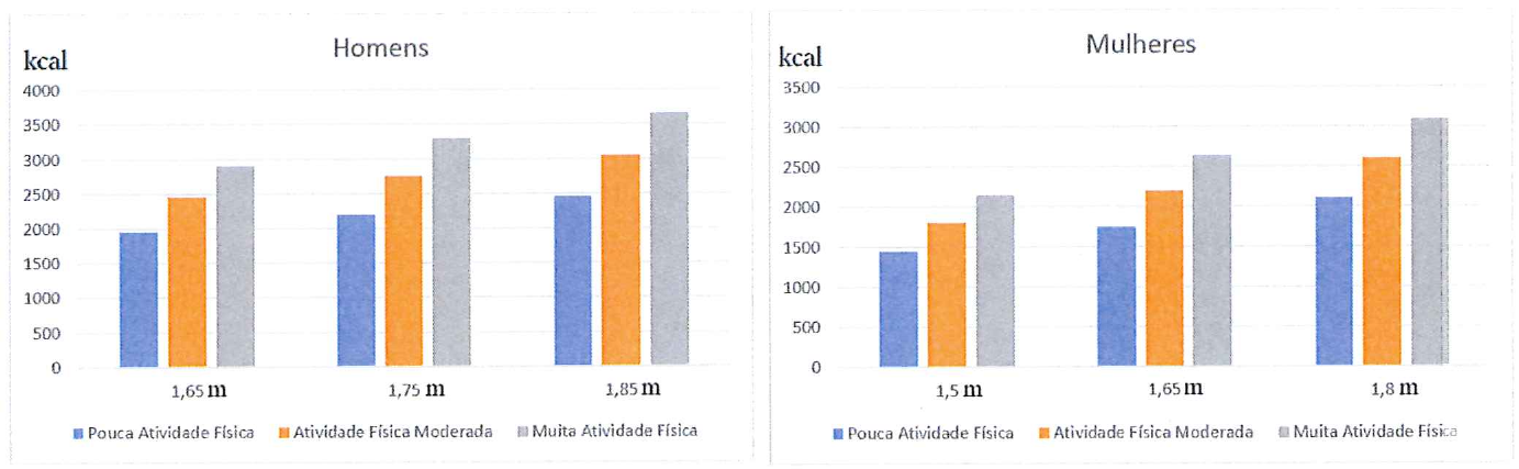 Dois gráficos de colunas de calorias diárias (kcal). Homens: alturas 1,65 m, 1,75 m e 1,85 m; Mulheres: alturas 1,5 m, 1,65 m e 1,8 m; para cada altura, colunas de pouca atividade física, atividade física moderada e muita atividade física.