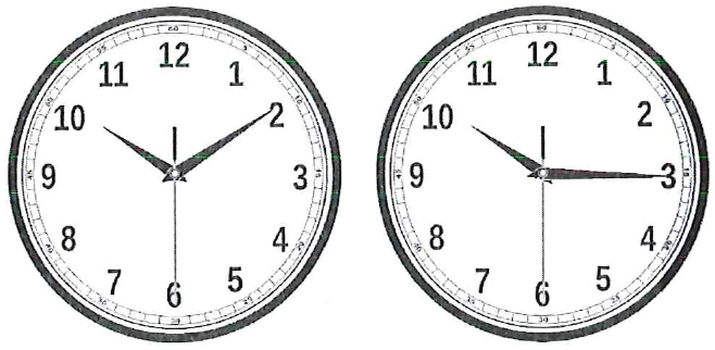 Dois relógios analógicos com ponteiros de horas, minutos e segundos, indicando o momento inicial (à esquerda) e o final (à direita) da leitura.
