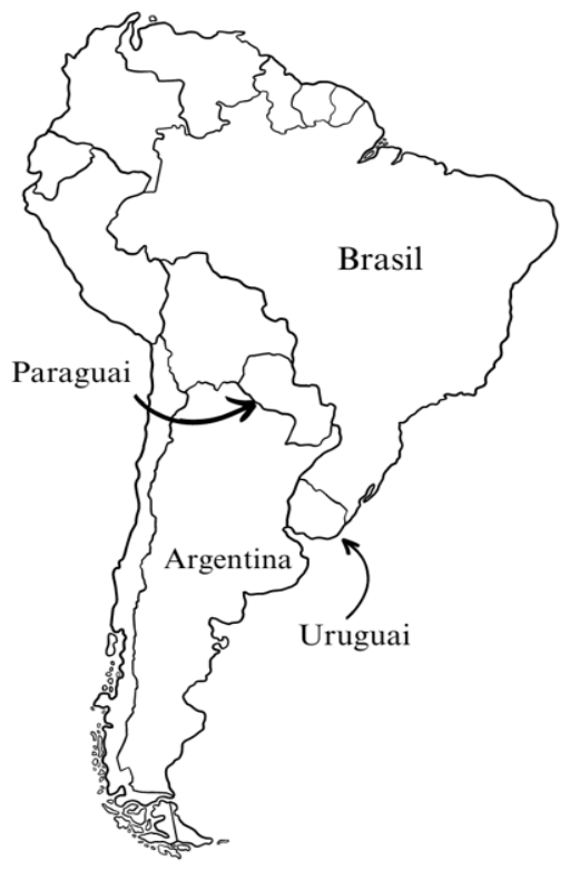 Mapa em contorno da América do Sul com os nomes Brasil, Paraguai, Argentina e Uruguai indicados; setas apontam o Paraguai e o Uruguai.