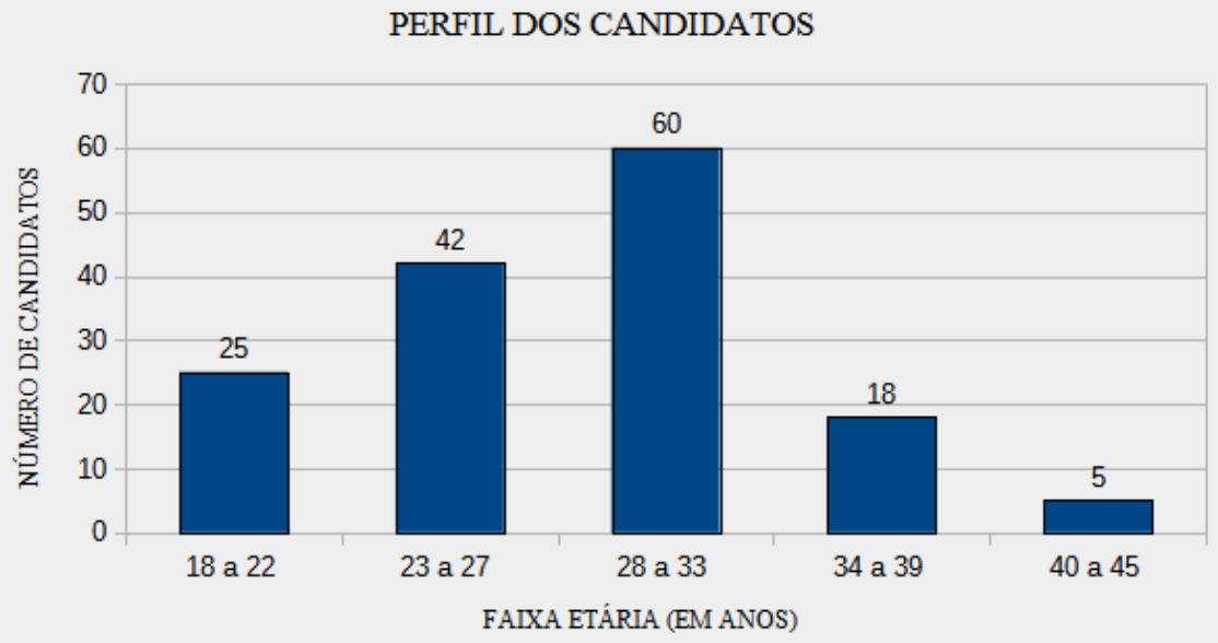 Gráfico de barras “Perfil dos candidatos”: número de candidatos por faixa etária — 18 a 22: 25; 23 a 27: 42; 28 a 33: 60; 34 a 39: 18; 40 a 45: 5.
