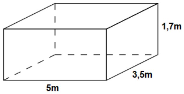 Paralelepípedo retângulo representando a cisterna, com dimensões 5 m (comprimento), 3,5 m (largura) e 1,7 m (altura).