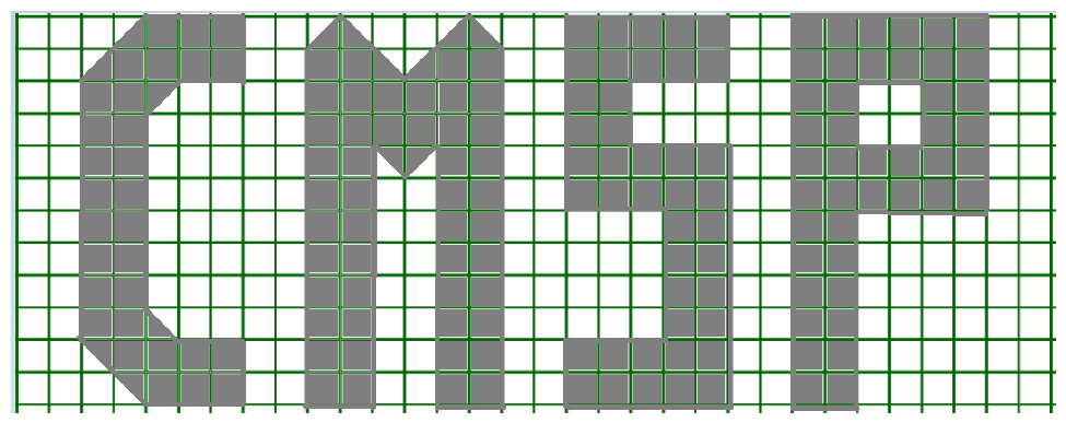 Malha quadriculada com as letras C, M, S e P desenhadas pintando quadradinhos em cinza; a letra C tem cantos cortados na diagonal e a letra M tem um 'V' central formado por meios quadradinhos.