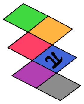 Planificação do cubo com faces verde, laranja, vermelha, azul (com o símbolo π invertido, de cabeça para baixo), roxa e cinza.