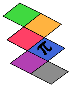 Planificação do cubo com faces verde, laranja, vermelha, azul (com o símbolo π girado/inclinado), roxa e cinza.