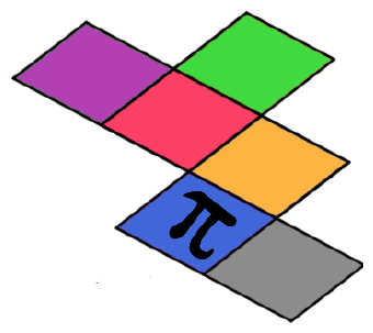 Planificação do cubo com faces roxa, verde, vermelha, laranja, azul (com o símbolo π na posição normal) e cinza, em disposição diferente das alternativas a, b e c.