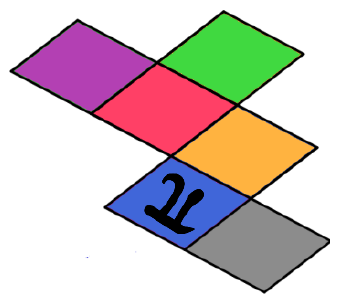Planificação do cubo com faces roxa, verde, vermelha, laranja, azul (com o símbolo π invertido, de cabeça para baixo) e cinza, na mesma disposição da alternativa d.