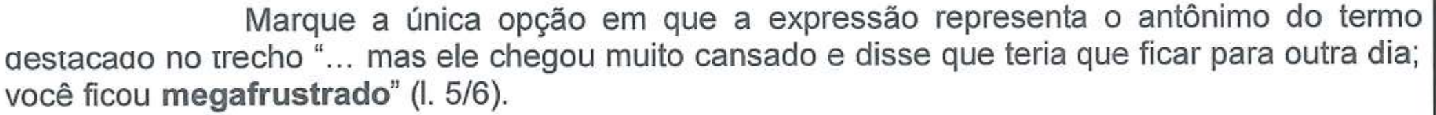 Enunciado: Marque a única opção em que a expressão representa o antônimo do termo destacado no trecho “... mas ele chegou muito cansado e disse que teria que ficar para outra dia; você ficou megafrustrado” (l. 5/6). A palavra “megafrustrado” está em negrito.